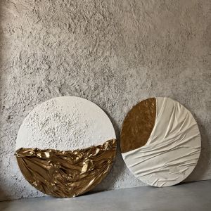 Round panel painting with beige and gold drapery