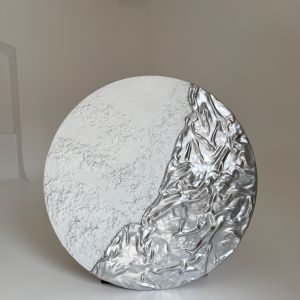 Round panel painting gray with silver drapery